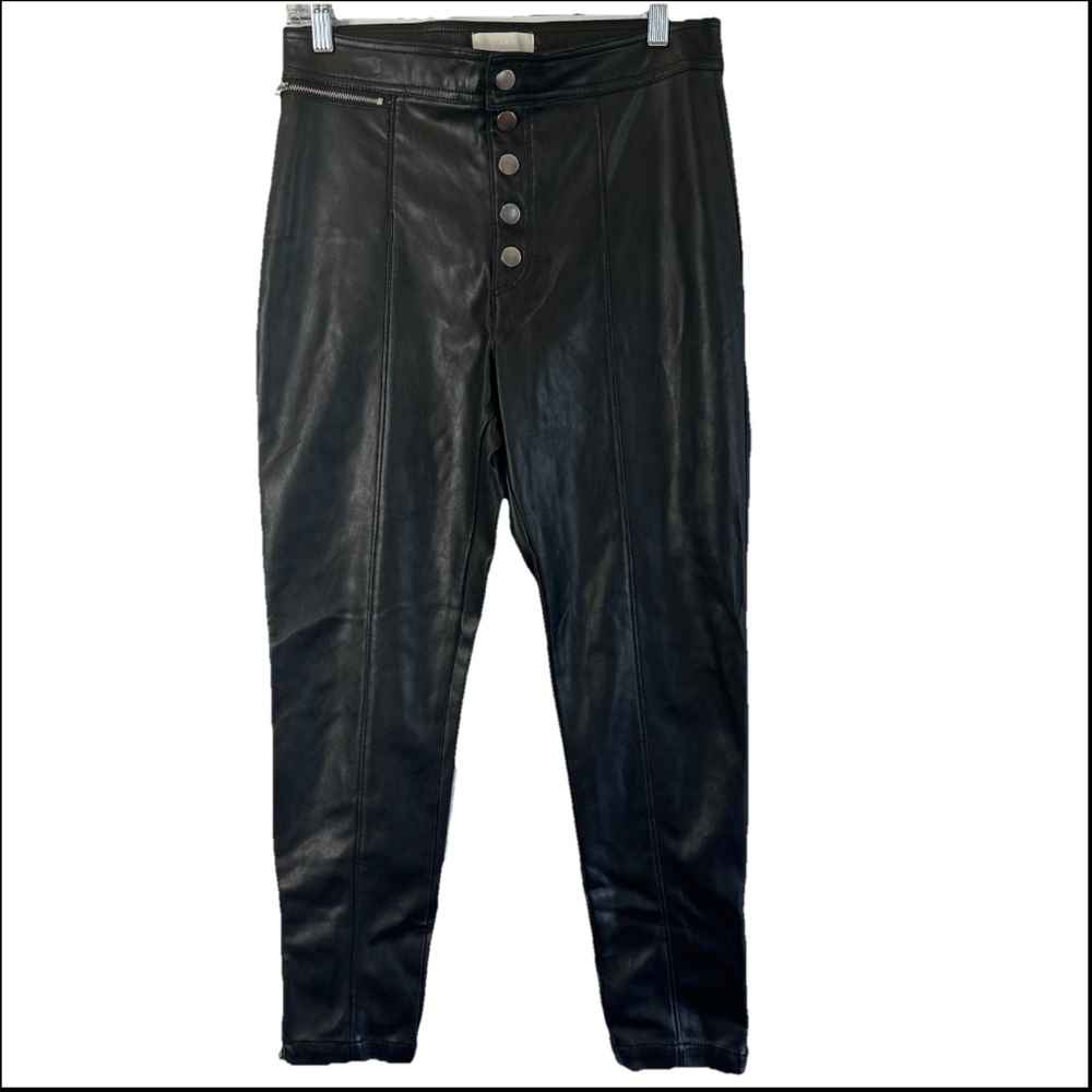 H&M Sleek Faux Leather Black Button Closure Pants Women Size 8 Front Zip Pocket